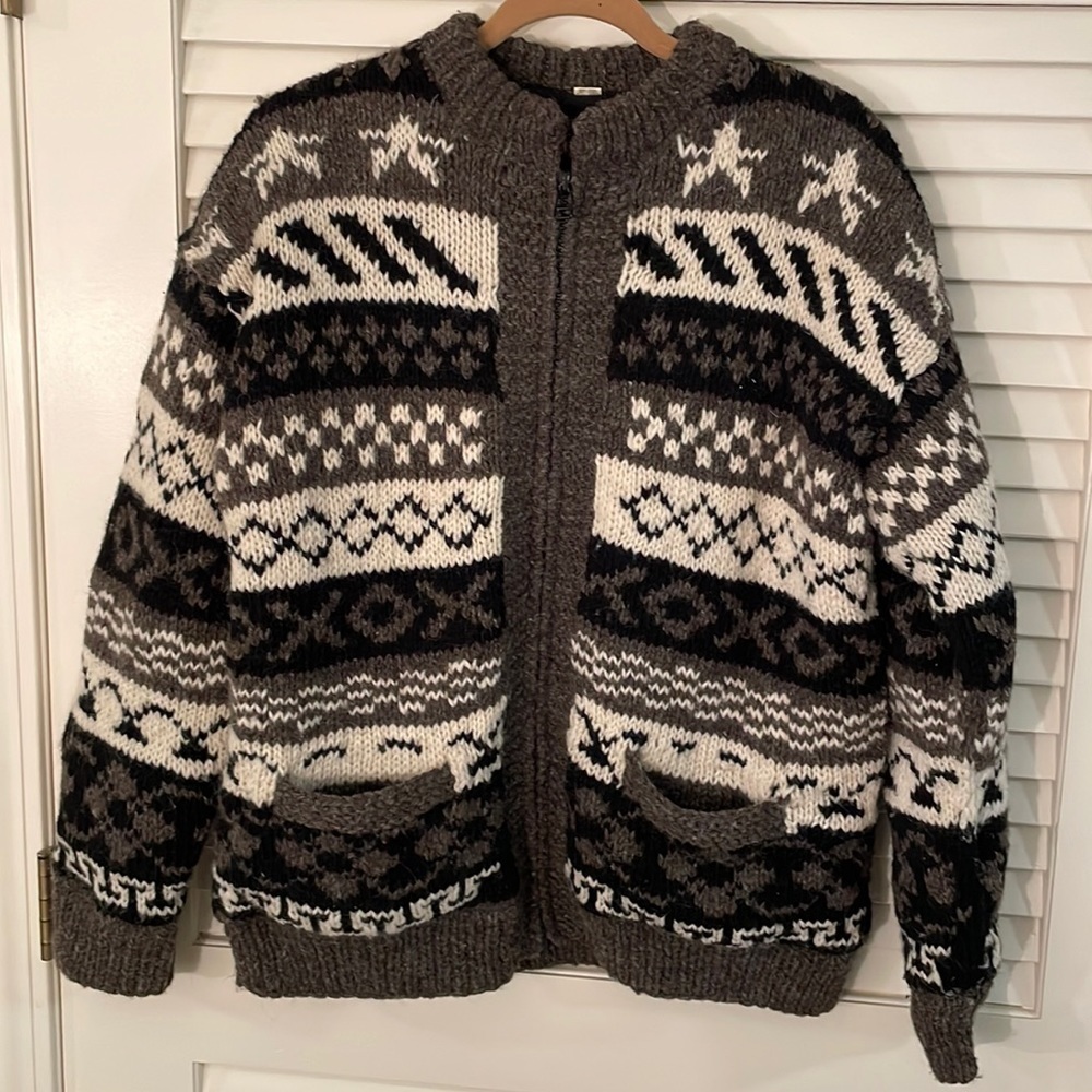 NEPAL Handmade 100% Wool Browns, Cream & Black Design Zipper Front Lined Sweater